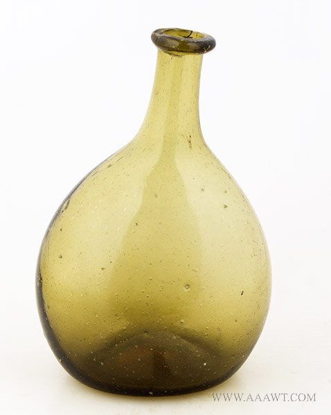 Chestnut Bottle, Free Blown Globular Flask, Light Yellow Olive, Seed Bubbles
New England, Circa 1780 to 1830, entire view